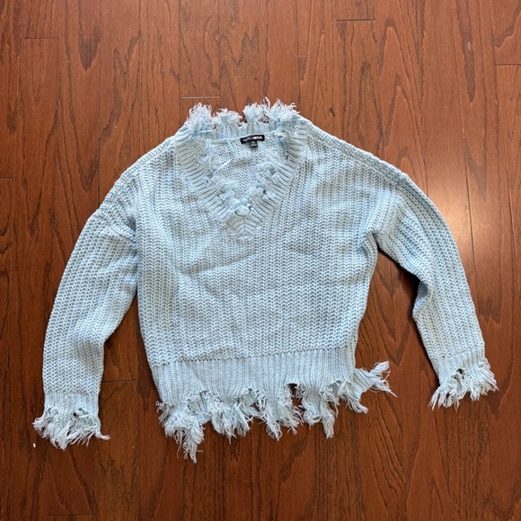 Fashion Nova Light Blue Distressed V-Neck Sweater | Size XS - Picture 3 of 5